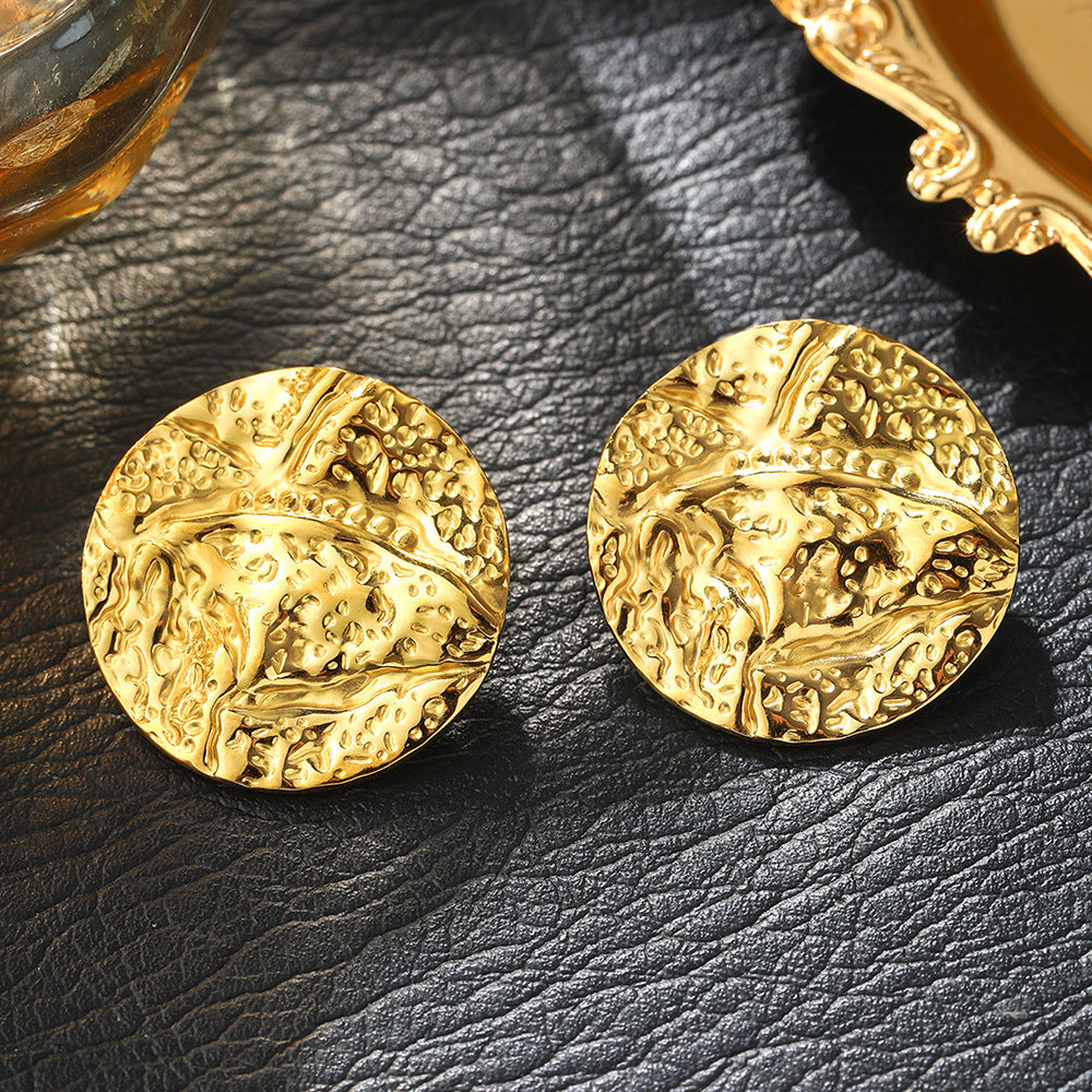 All-Match 18K Gold Stainless Steel Pleated Round Earrings