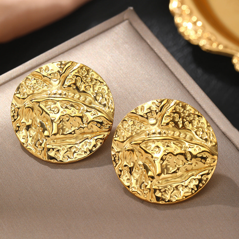 All-Match 18K Gold Stainless Steel Pleated Round Earrings