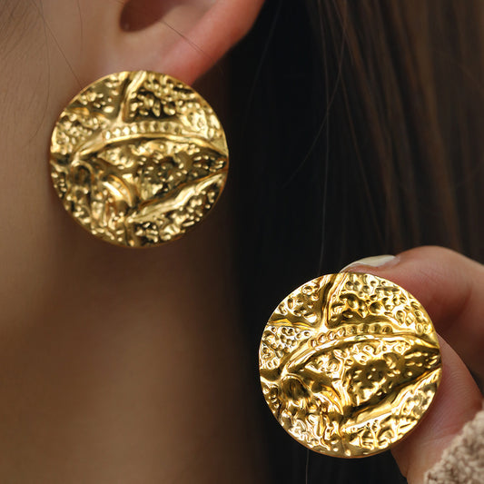 All-Match 18K Gold Stainless Steel Pleated Round Earrings